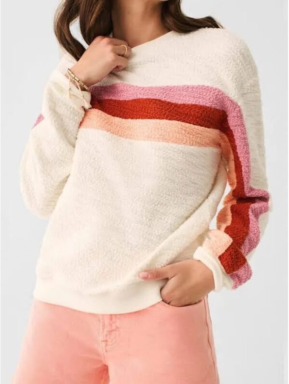 Faherty Vista Striped Pullover Sweatshirt Cream Peach Nectar Size M Loop Knit